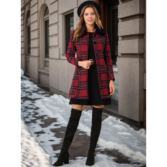Women's Buffalo Checks Winter Peter Pan Collar Long Plaid Coat Red - Picture 3 of 6